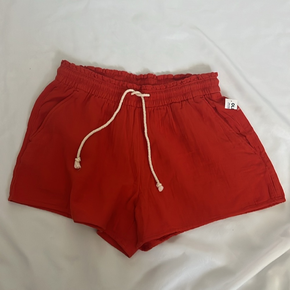 Orange women’s high waisted, crinkle gauze shorts cotton, medium
